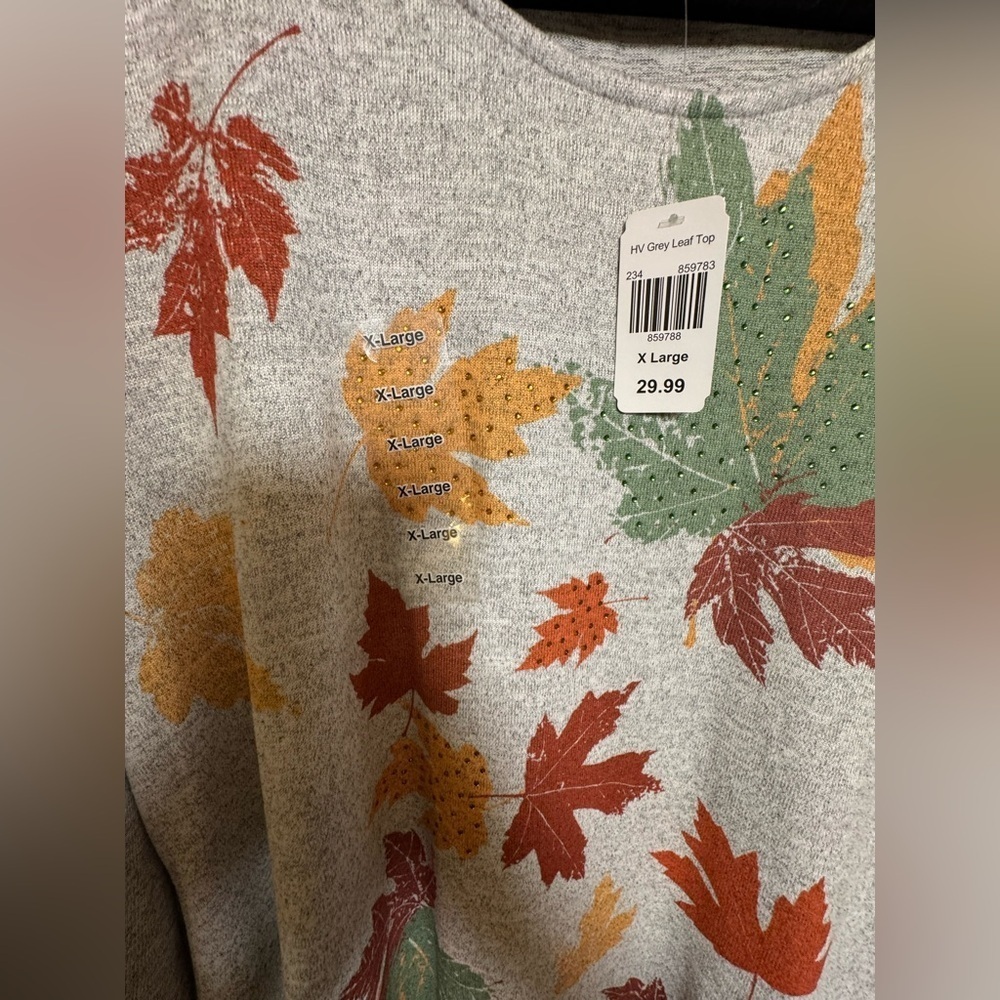 Astrologie XL Fall Leaf Print Tunic Top Gray Long Sleeve Rhinestone NWT - Picture 7 of 9